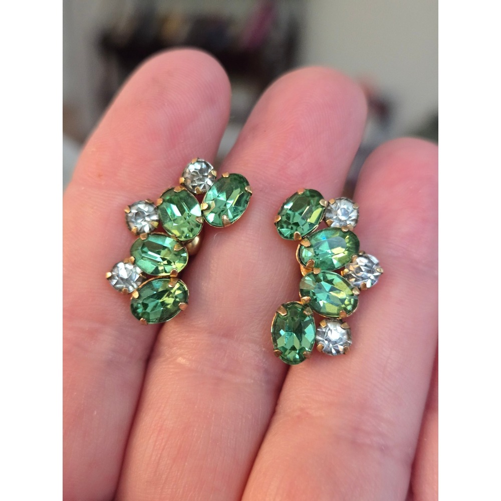 Star Art Green Emerald Color Clear Stones Goldfilled Earrings Vintage Stunning!